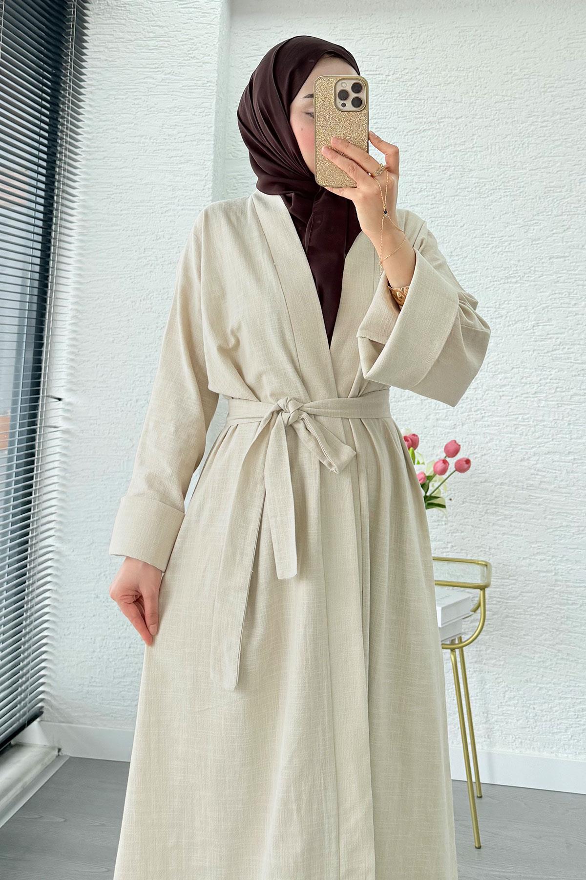 Premium Natural Aysha Keten Abaya Takım – Bej