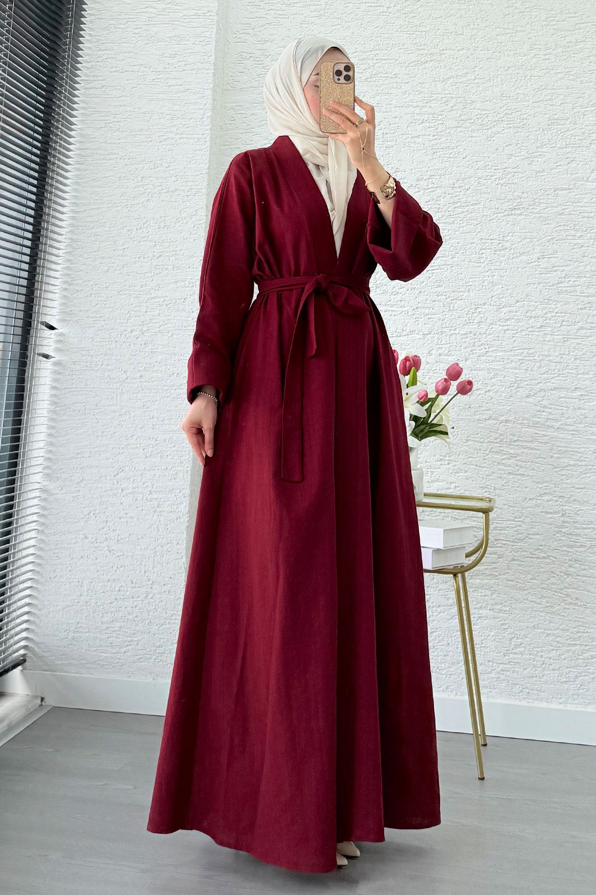 Premium Natural Aysha Keten Abaya Takım – Bordo