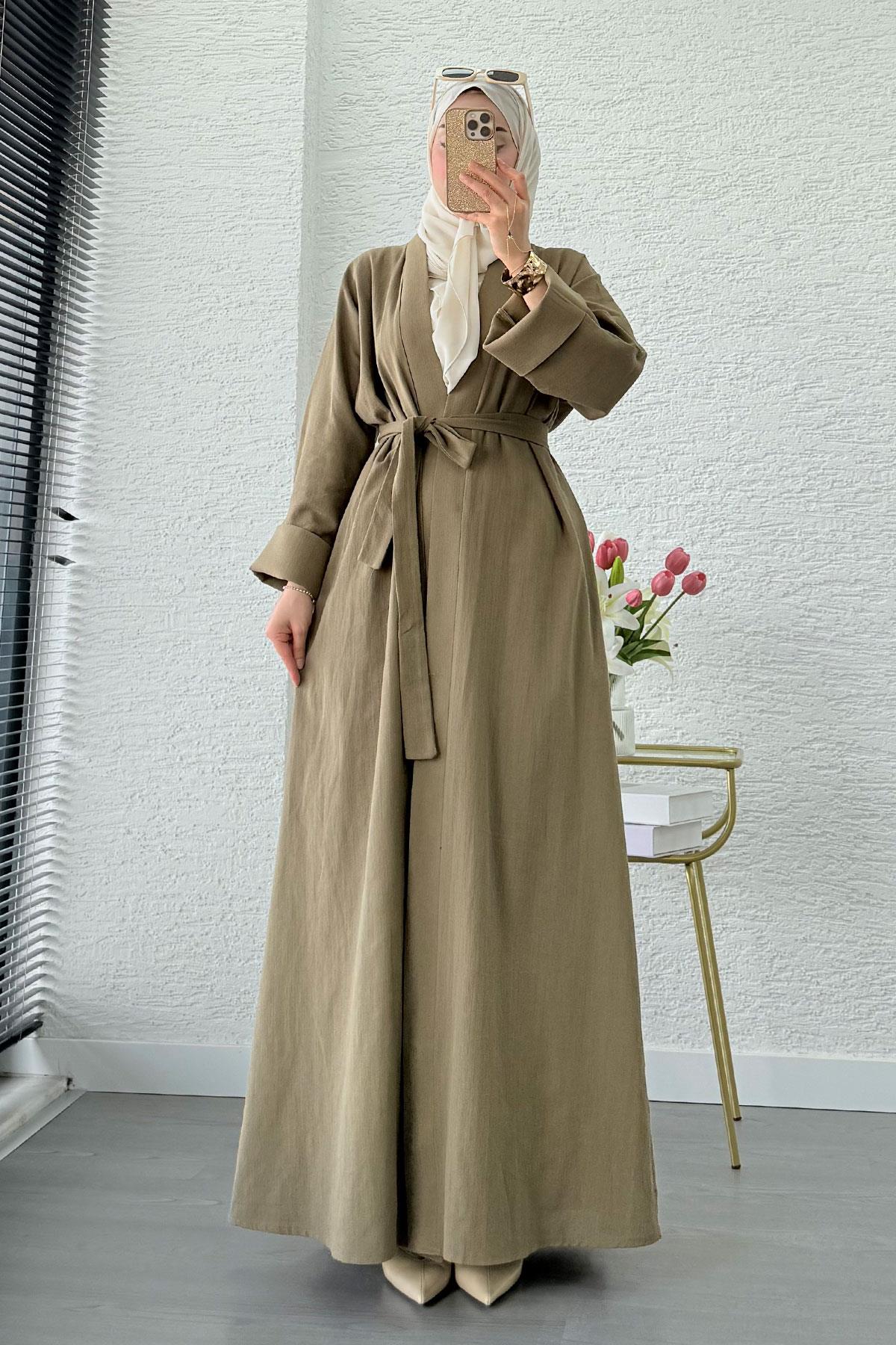 Premium Natural Aysha Keten Abaya Takım – Haki