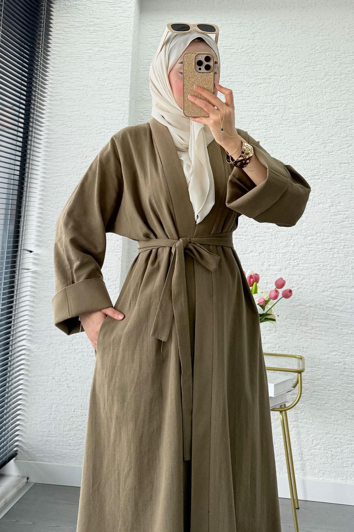 Premium Natural Aysha Keten Abaya Takım – Haki