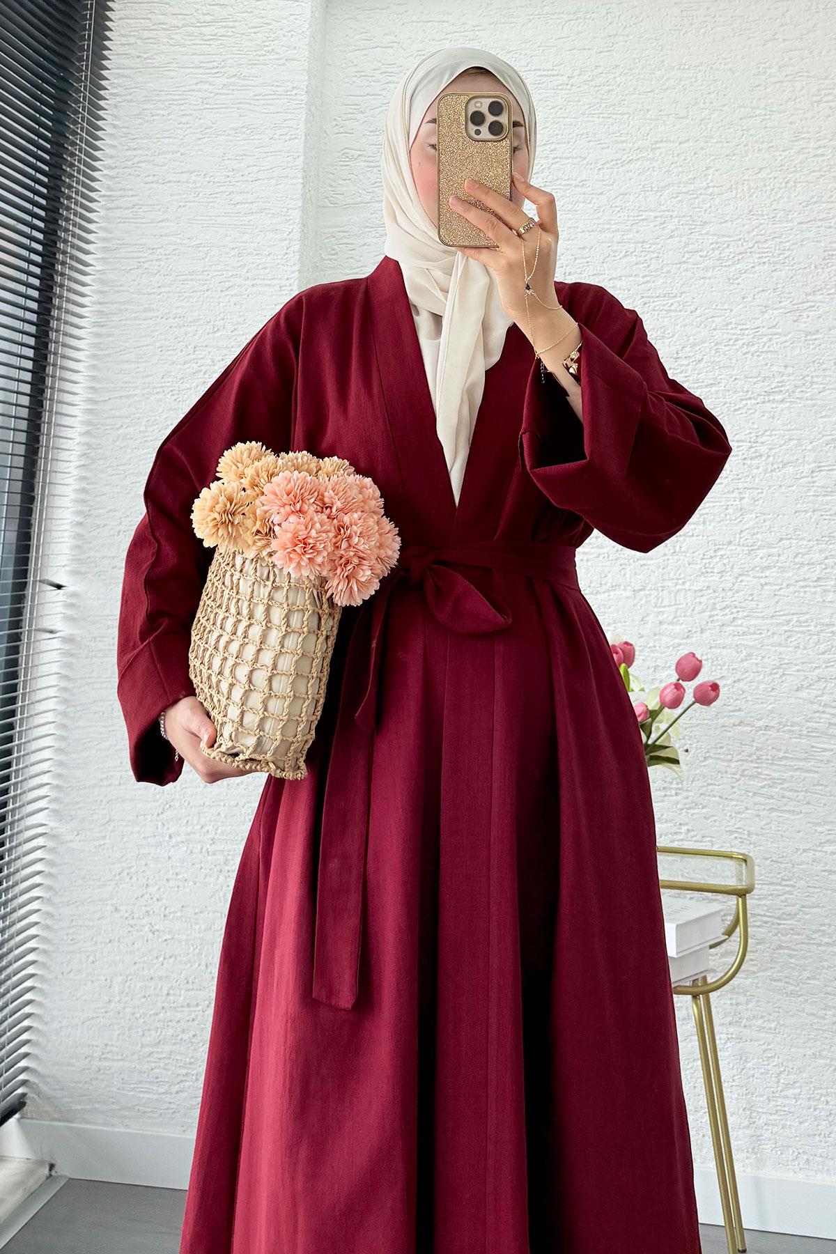 Premium Natural Aysha Keten Abaya Takım – Bordo