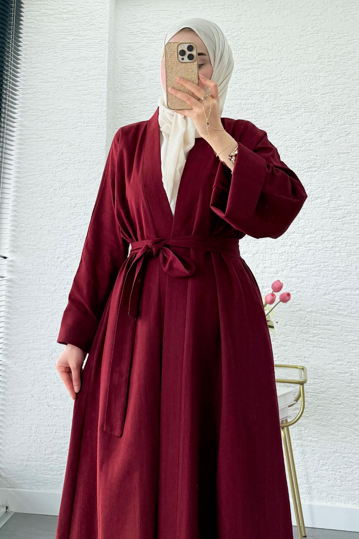 Premium Natural Aysha Keten Abaya Takım – Bordo