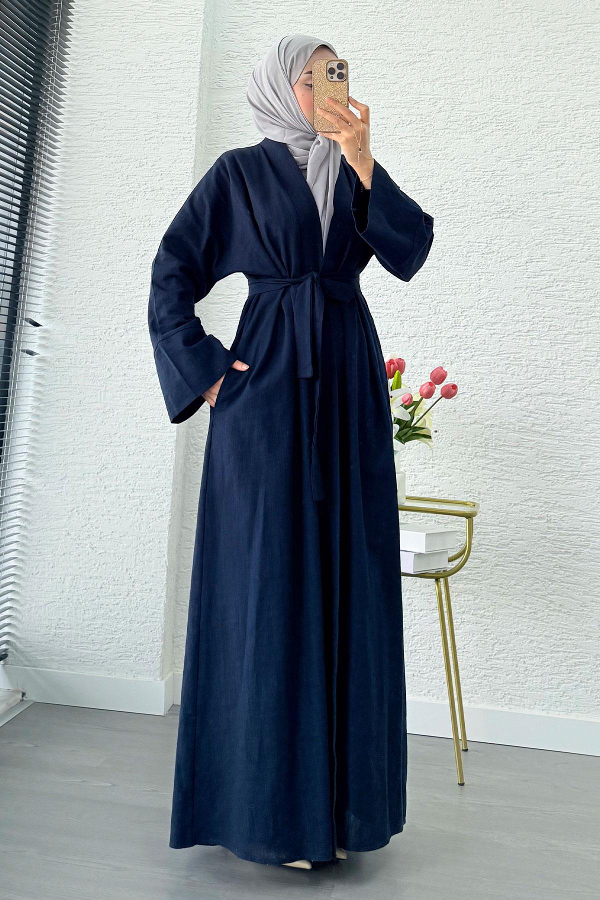 Premium Natural Aysha Keten Abaya Takım – Lacivert