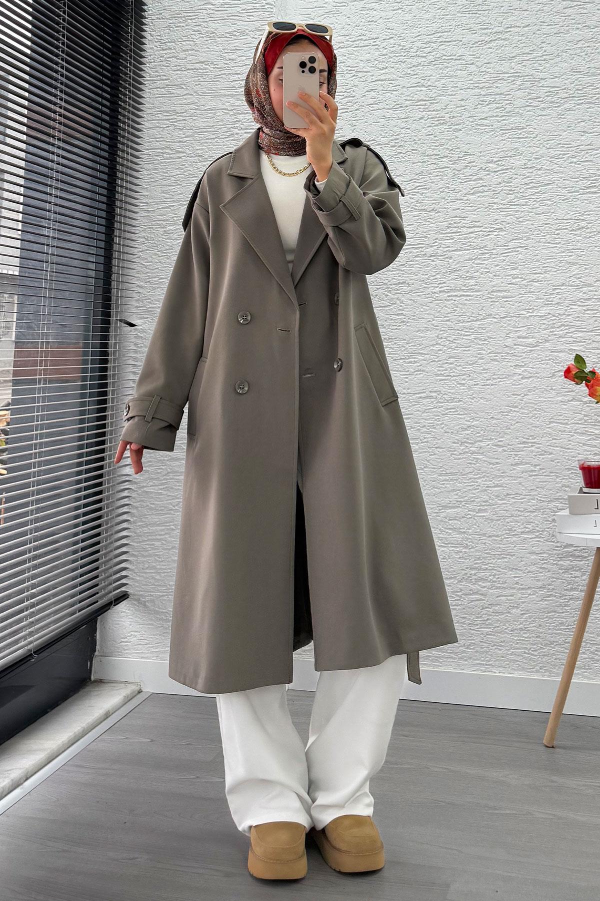 Premium Omuz Kuşaklı Uzun Trençkot – Haki