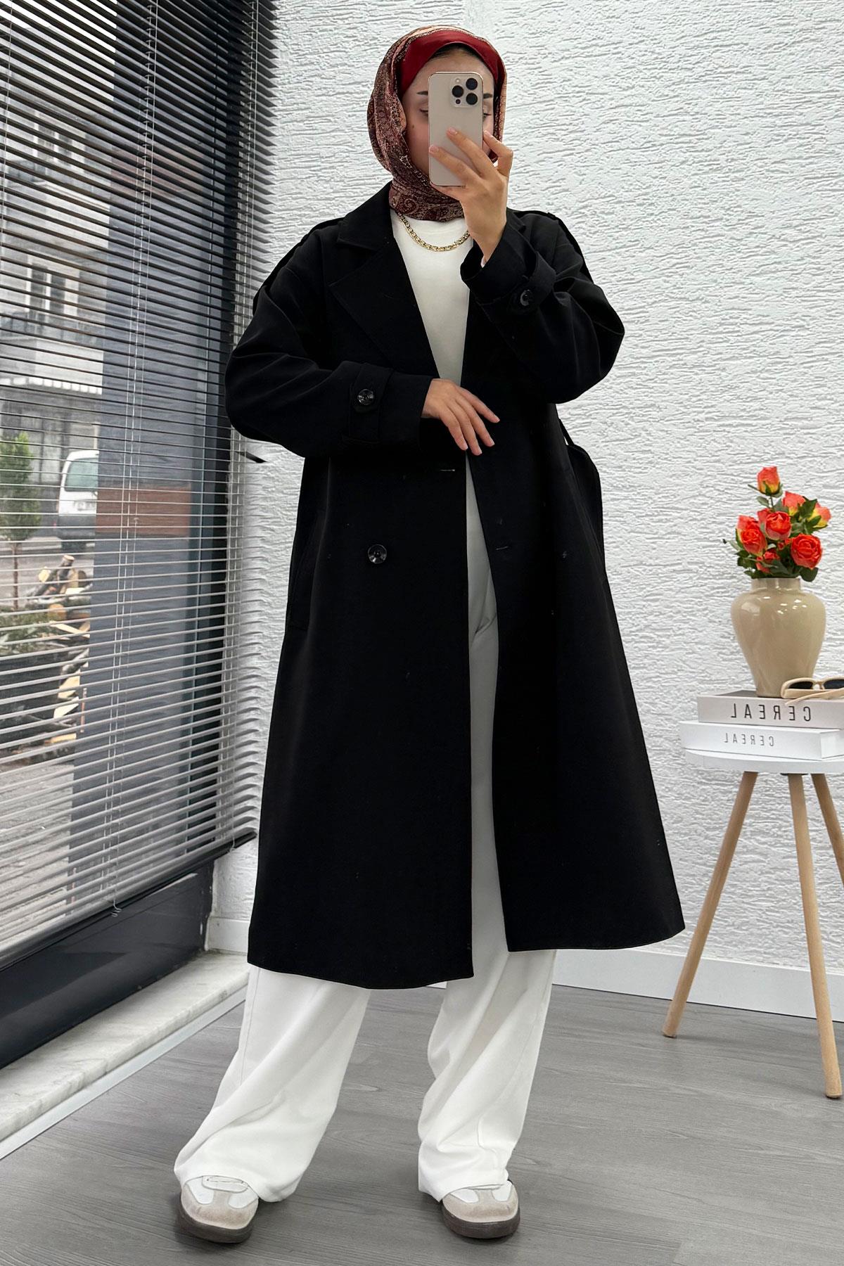 Premium Omuz Kuşaklı Uzun Trençkot – Siyah
