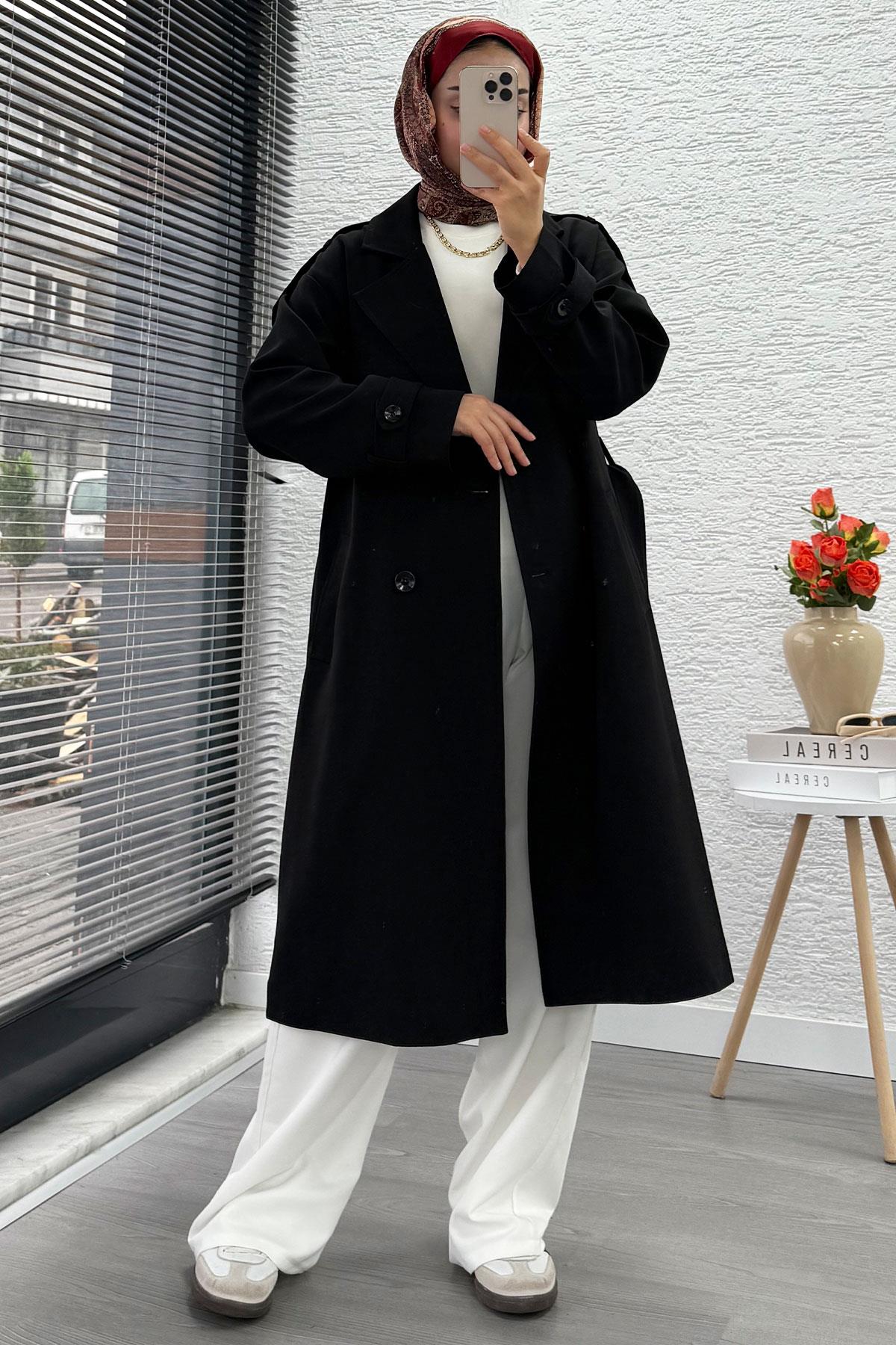 Premium Omuz Kuşaklı Uzun Trençkot – Siyah