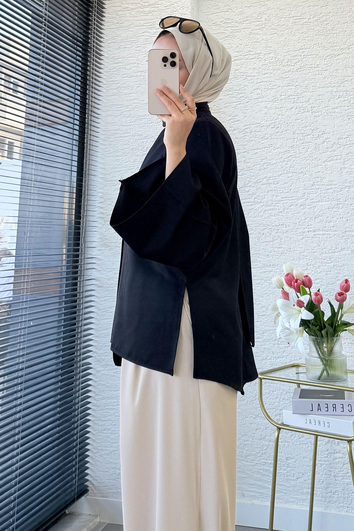 Premium Omuzdan Fermuarlı Fular Detaylı Gabardin Bluz - Siyah