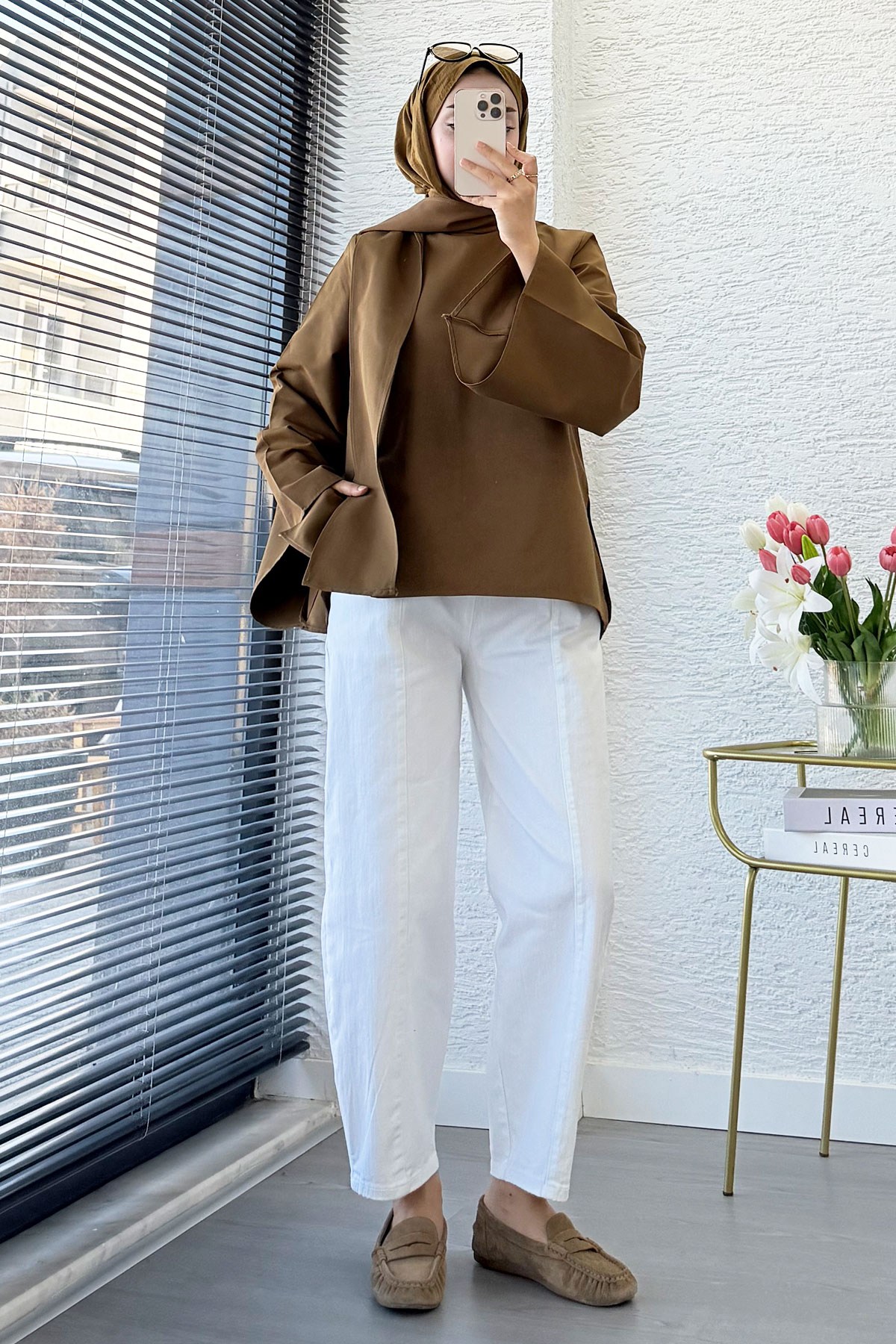 Premium Omuzdan Fermuarlı Fular Detaylı Gabardin Bluz - Yağ Yeşili
