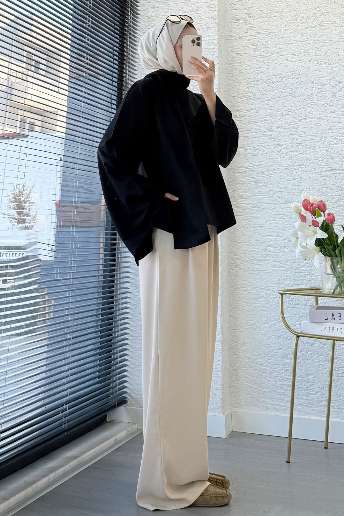 Premium Omuzdan Fermuarlı Fular Detaylı Gabardin Bluz - Siyah