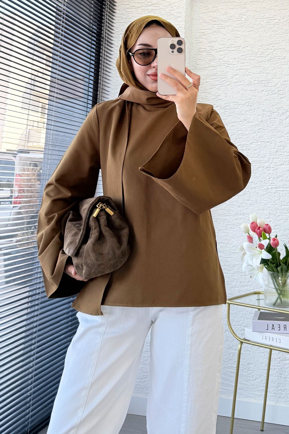Premium Omuzdan Fermuarlı Fular Detaylı Gabardin Bluz - Yağ Yeşili