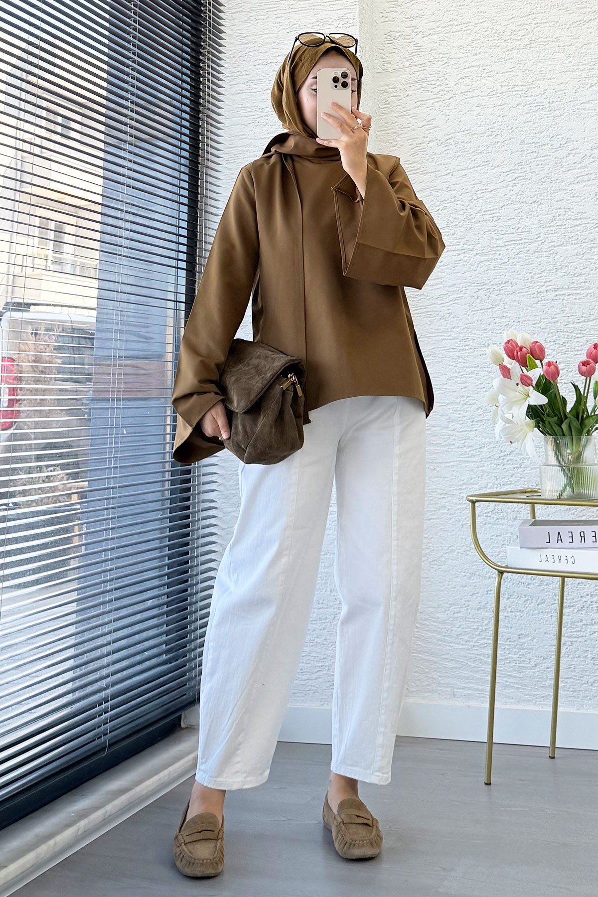 Premium Omuzdan Fermuarlı Fular Detaylı Gabardin Bluz - Yağ Yeşili