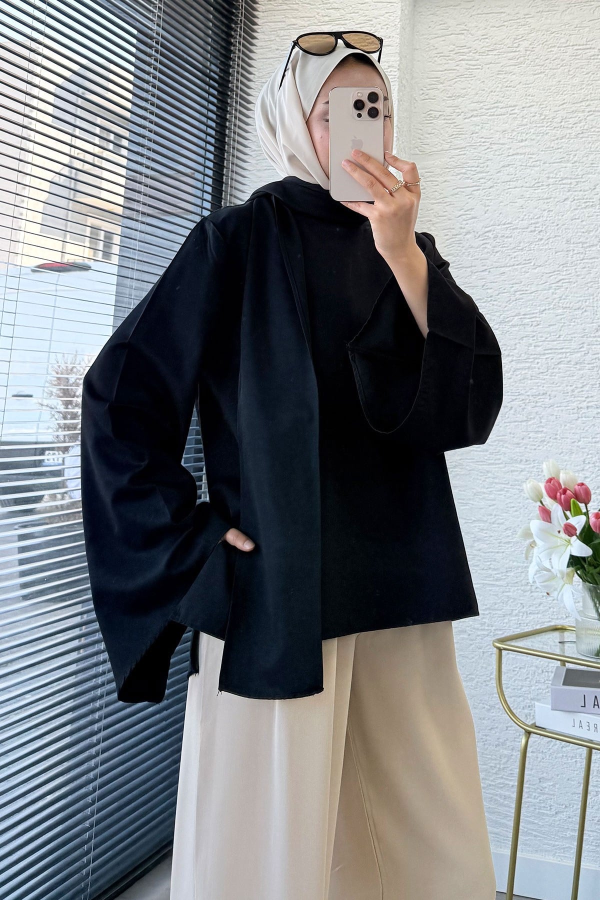 Premium Omuzdan Fermuarlı Fular Detaylı Gabardin Bluz - Siyah