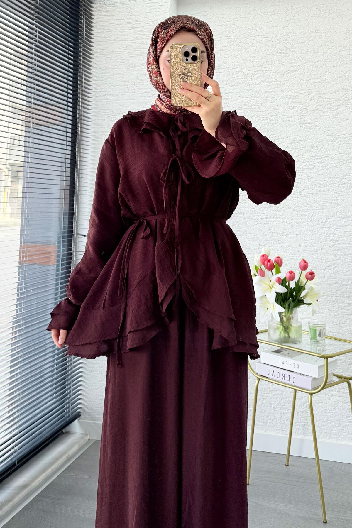Premıum Önden Bağlama Detaylı Organize Pantolon Takım - Bordo