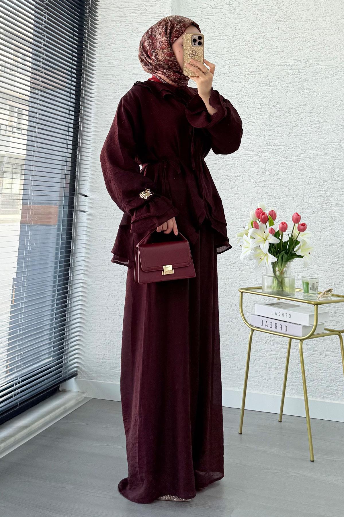 Premıum Önden Bağlama Detaylı Organize Pantolon Takım - Bordo