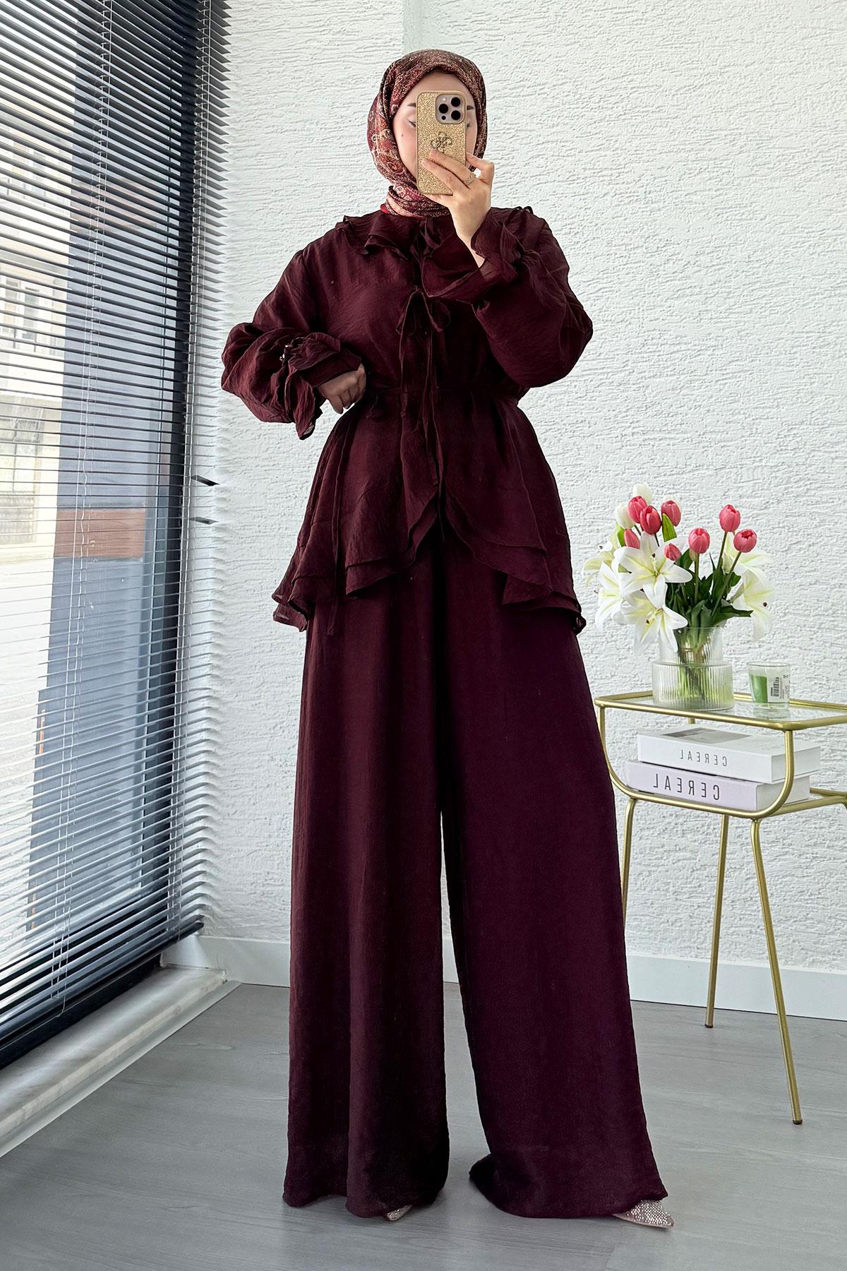 Premıum Önden Bağlama Detaylı Organize Pantolon Takım - Bordo