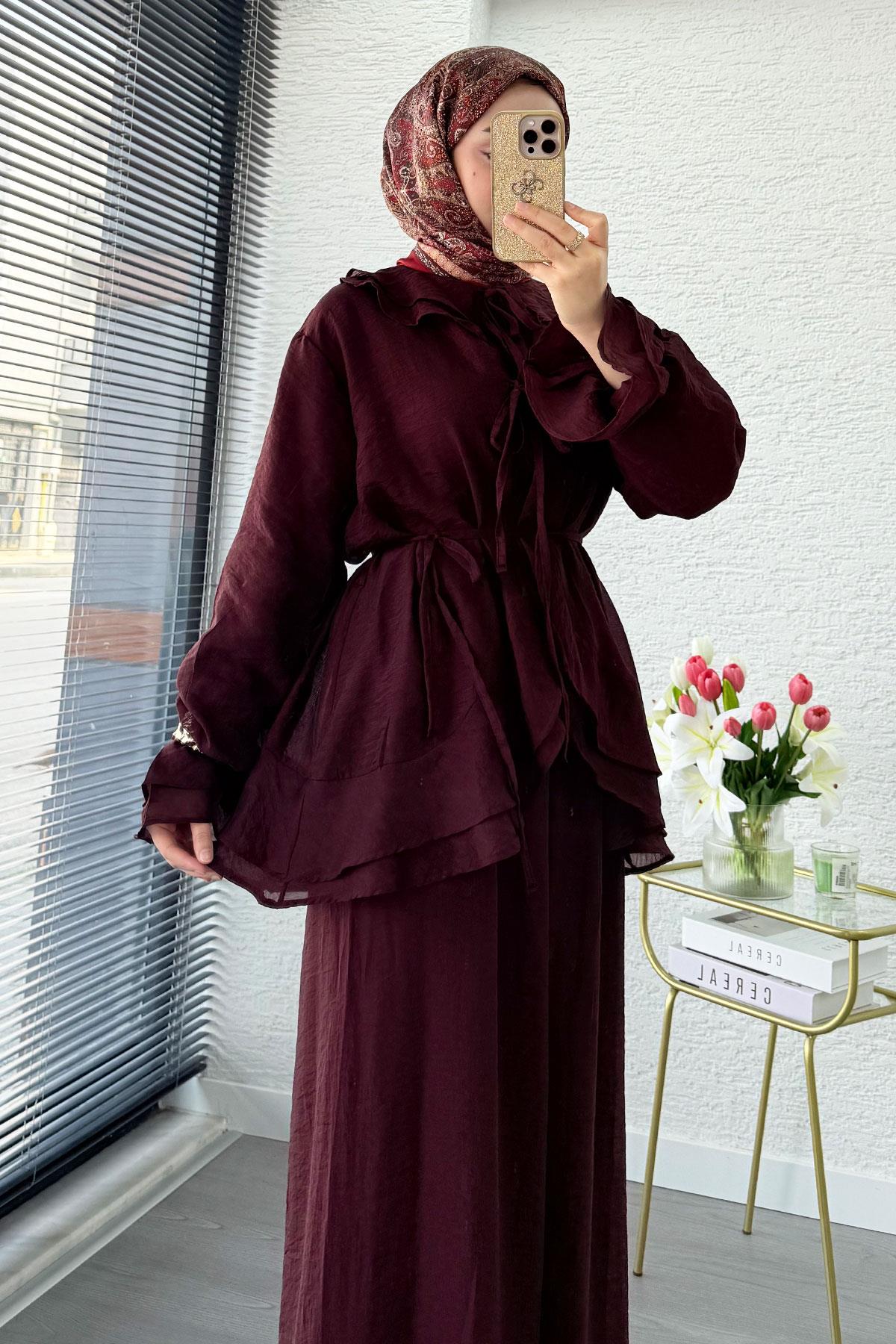 Premıum Önden Bağlama Detaylı Organize Pantolon Takım - Bordo