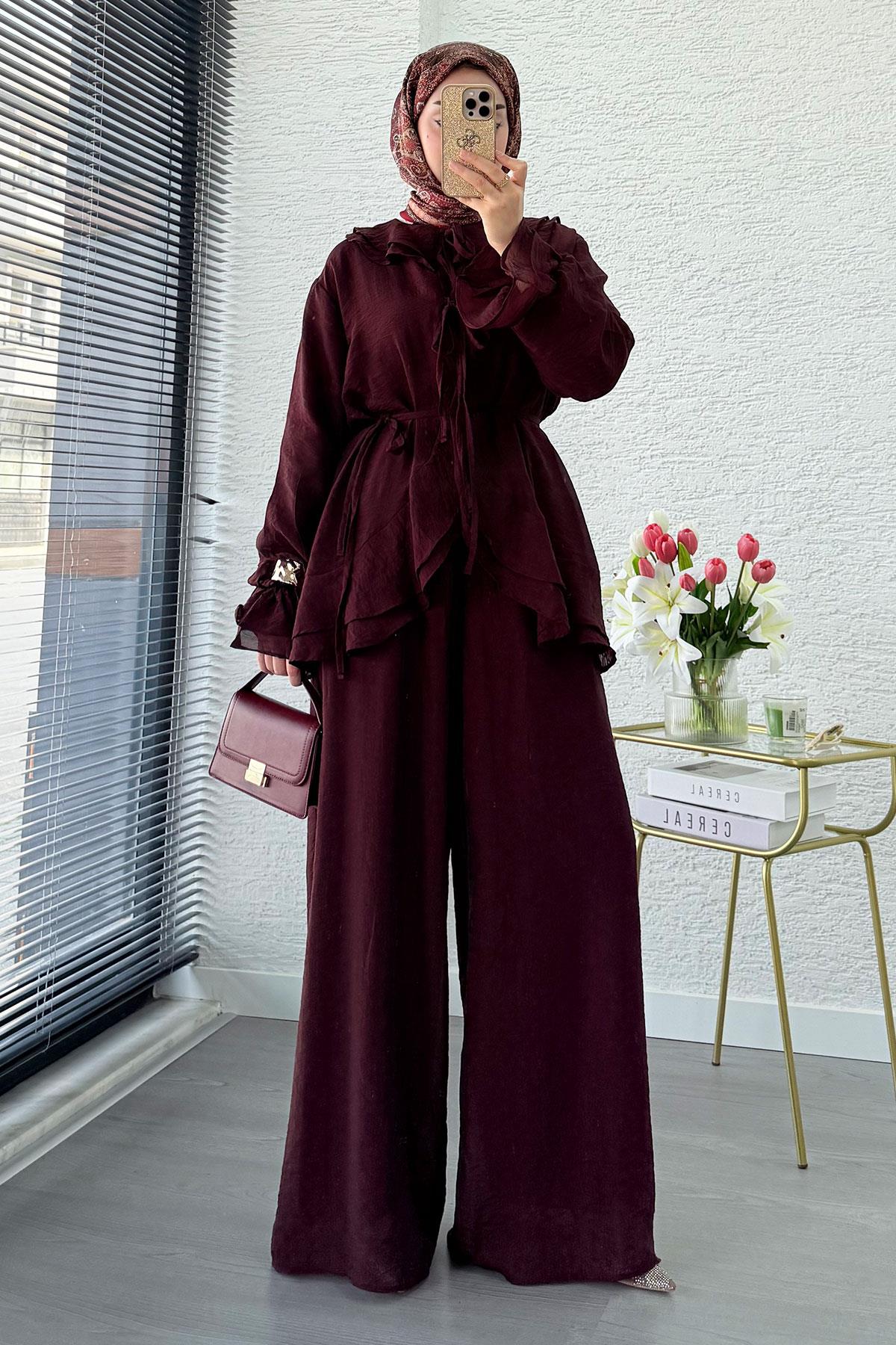Premıum Önden Bağlama Detaylı Organize Pantolon Takım - Bordo