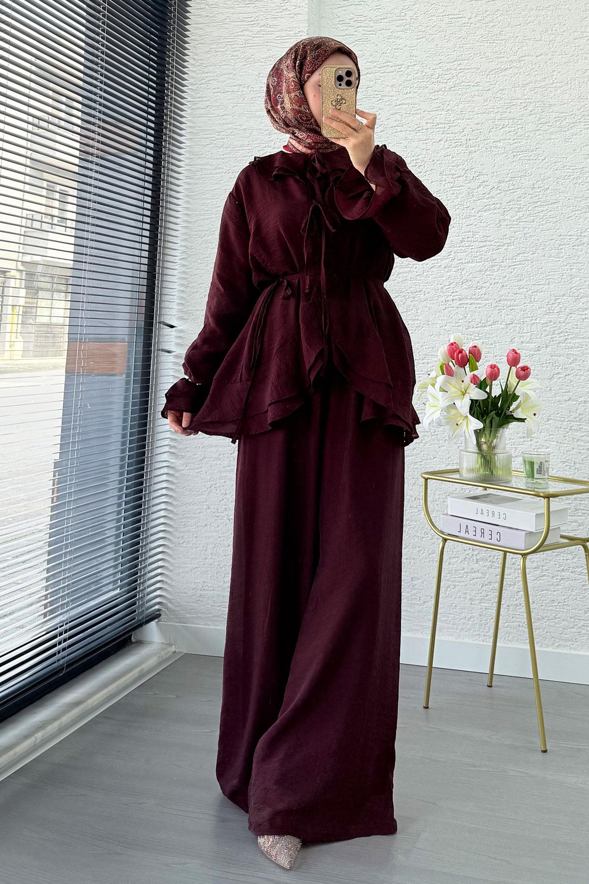 Premıum Önden Bağlama Detaylı Organize Pantolon Takım - Bordo