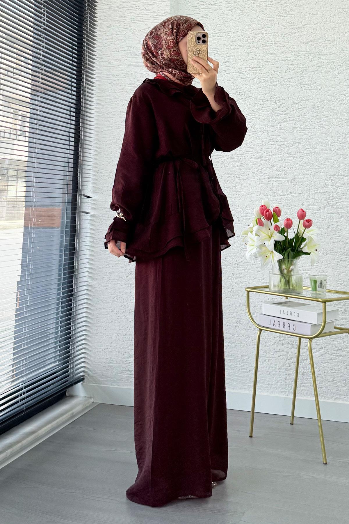 Premıum Önden Bağlama Detaylı Organize Pantolon Takım - Bordo