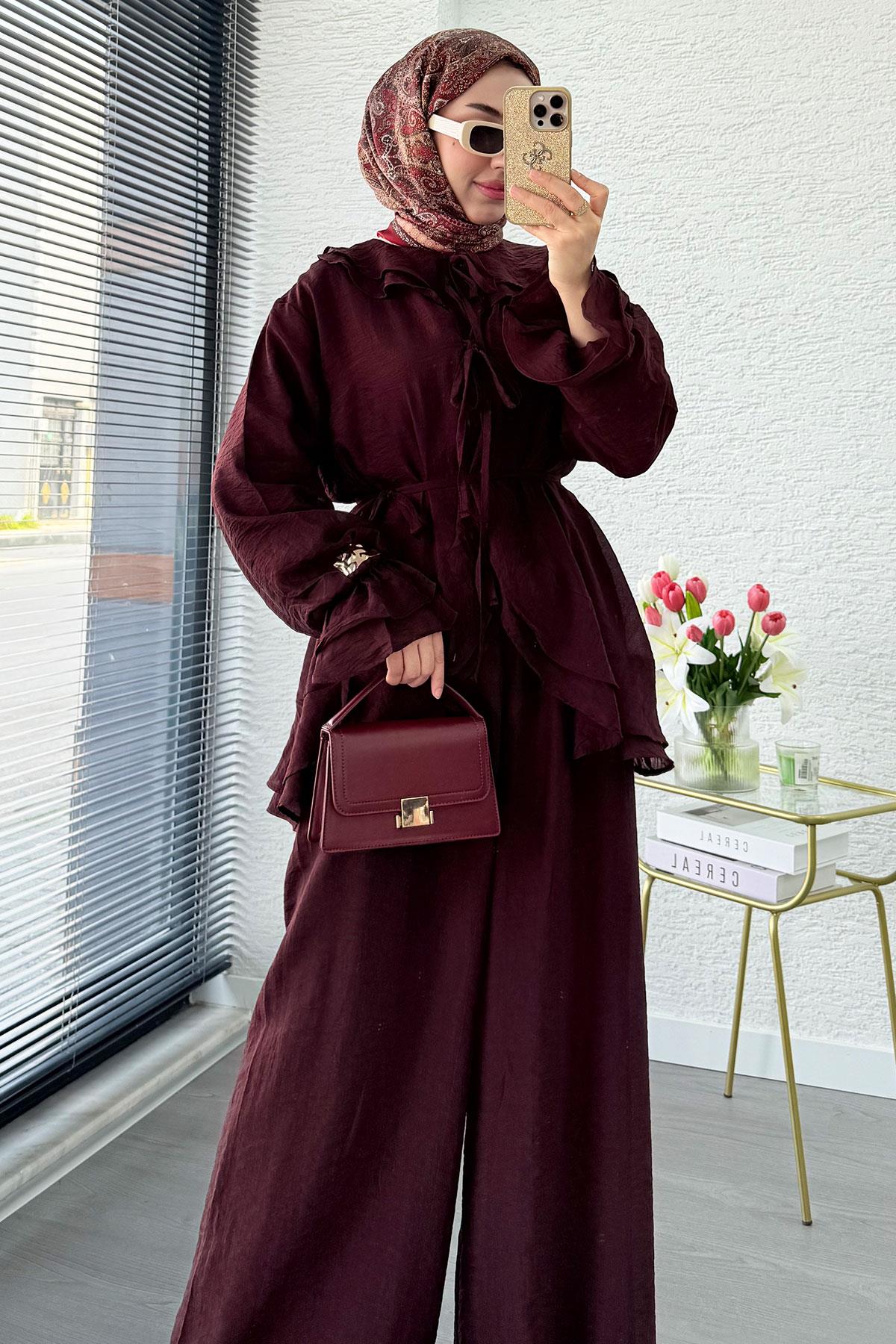 Premıum Önden Bağlama Detaylı Organize Pantolon Takım - Bordo