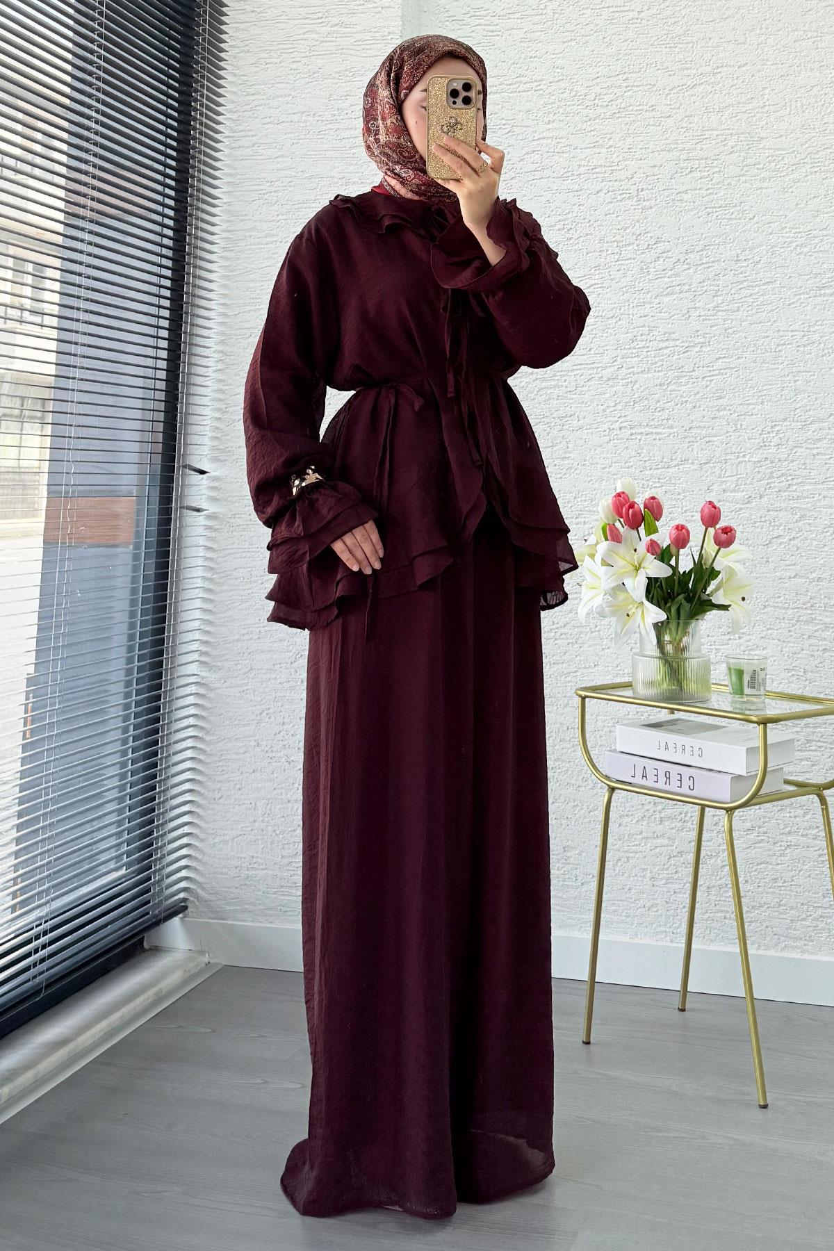 Premıum Önden Bağlama Detaylı Organize Pantolon Takım - Bordo