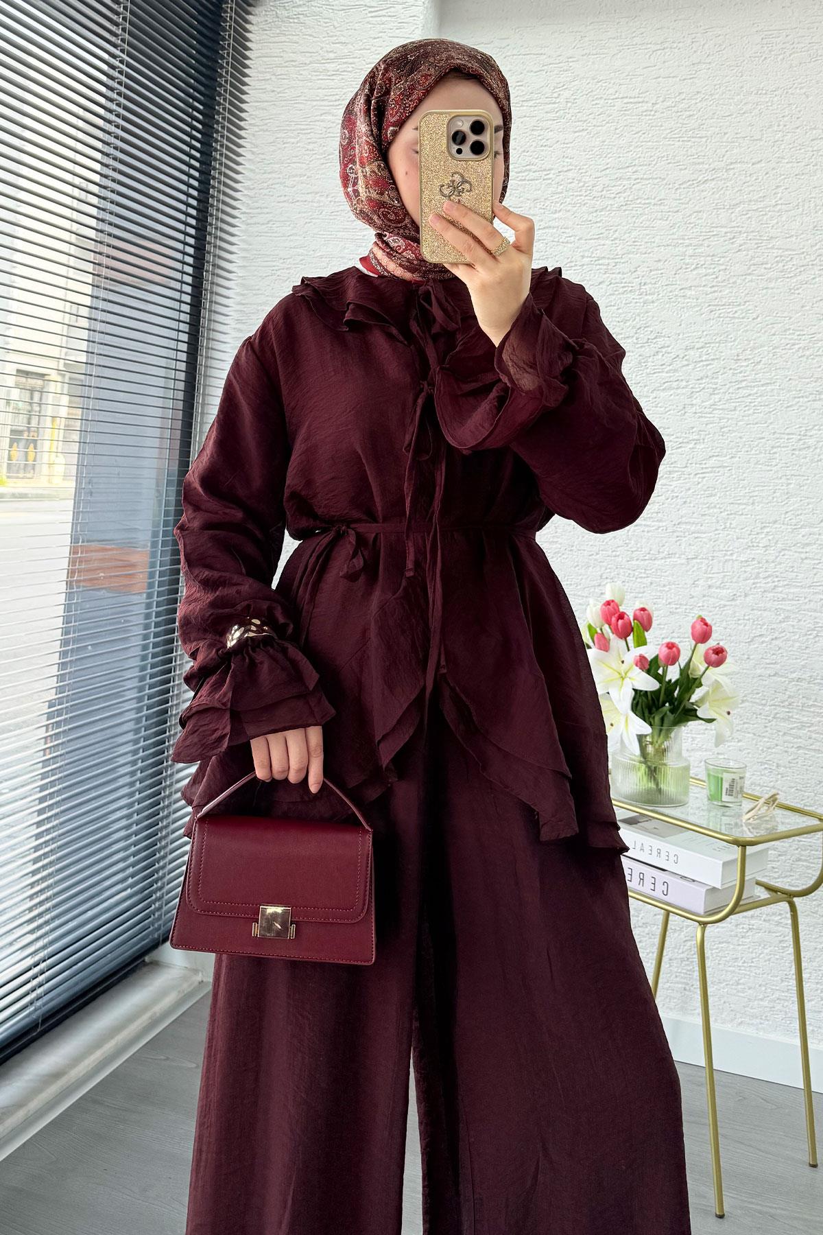 Premıum Önden Bağlama Detaylı Organize Pantolon Takım - Bordo