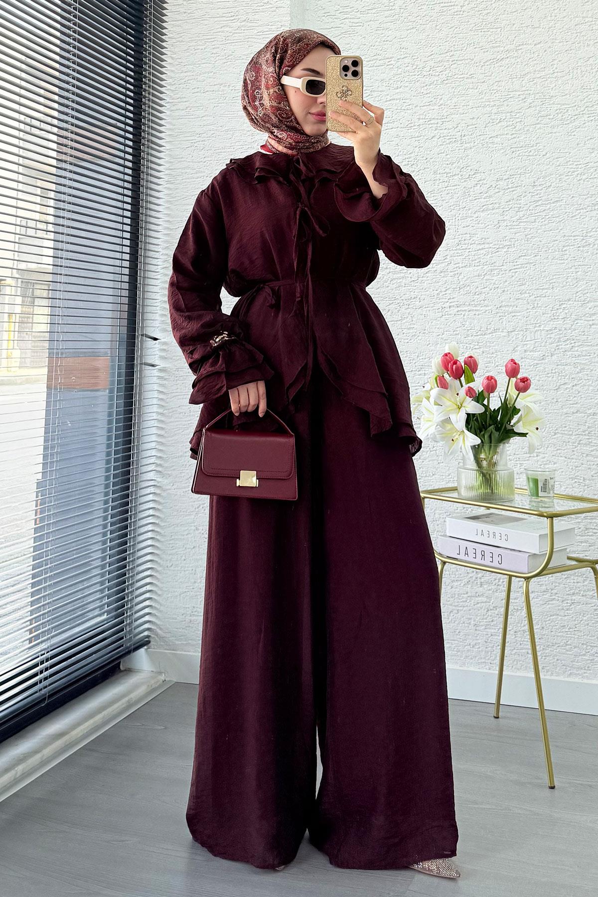 Premıum Önden Bağlama Detaylı Organize Pantolon Takım - Bordo