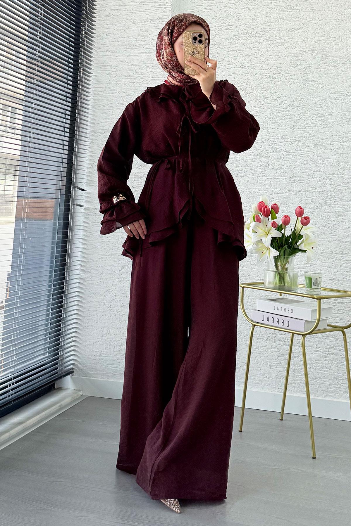 Premıum Önden Bağlama Detaylı Organize Pantolon Takım - Bordo