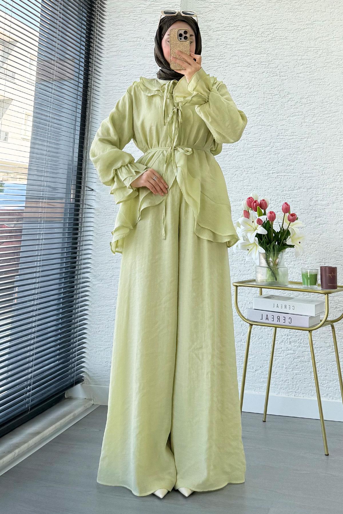 Premıum Önden Bağlama Detaylı Organze Pantolon Takım - Olive