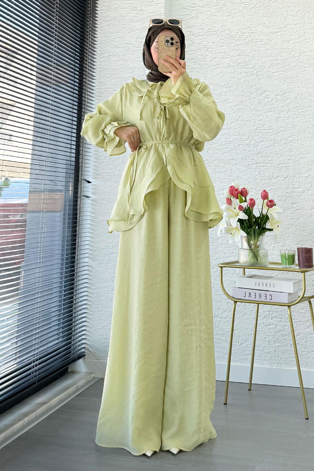 Premıum Önden Bağlama Detaylı Organze Pantolon Takım - Olive