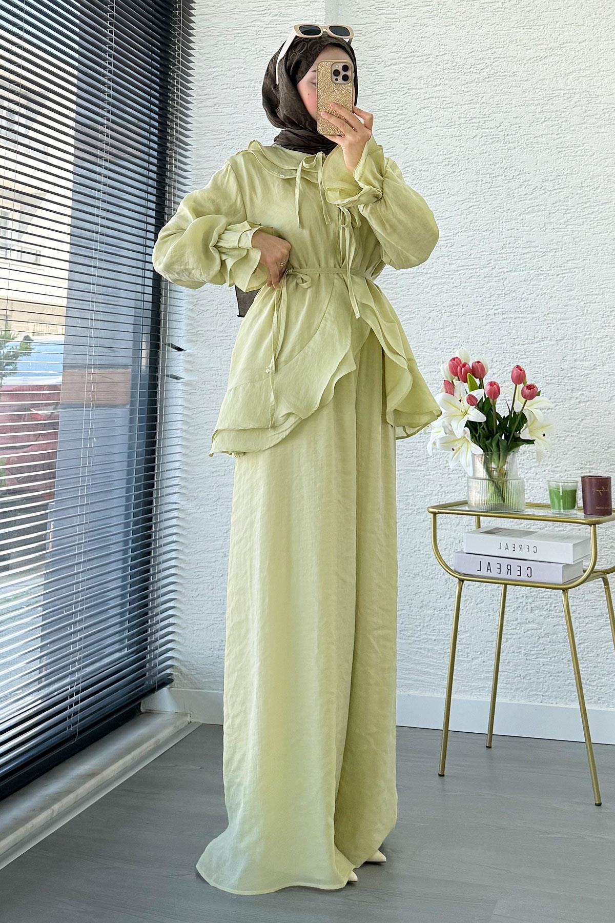 Premıum Önden Bağlama Detaylı Organze Pantolon Takım - Olive