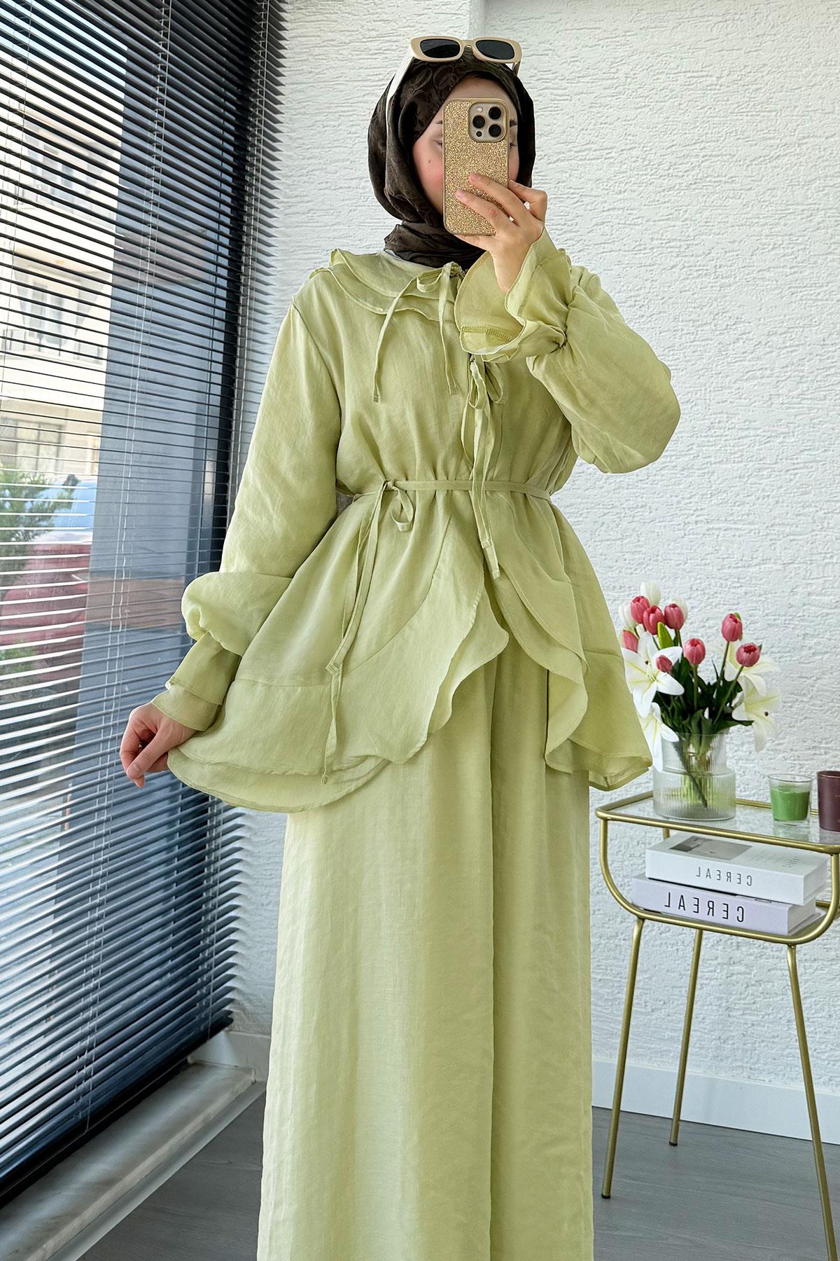 Premıum Önden Bağlama Detaylı Organze Pantolon Takım - Olive