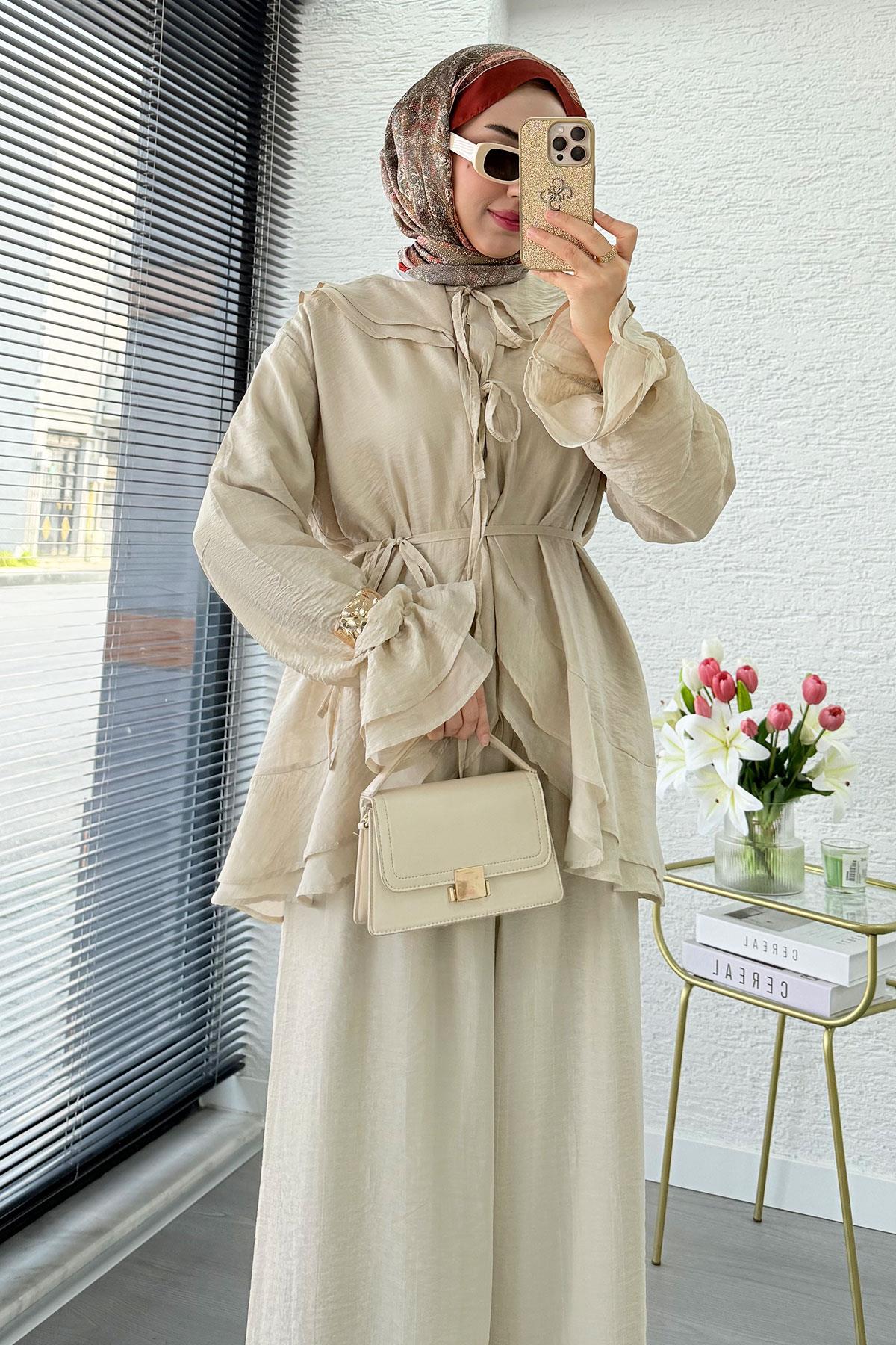 Premıum Önden Bağlama Detaylı Organze Pantolon Takım - Krem
