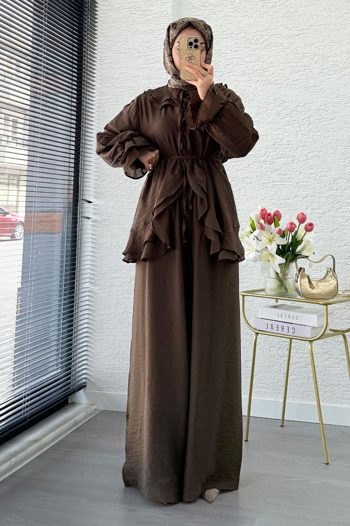 Premıum Önden Bağlama Detaylı Organze Pantolon Takım - Kahverengi