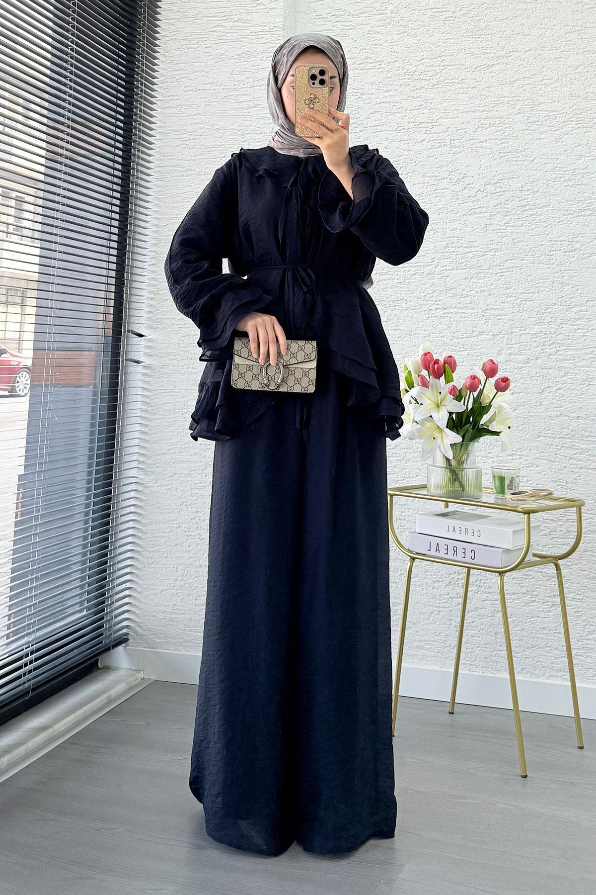 Premıum Önden Bağlama Detaylı Organze Pantolon Takım - Lacivert
