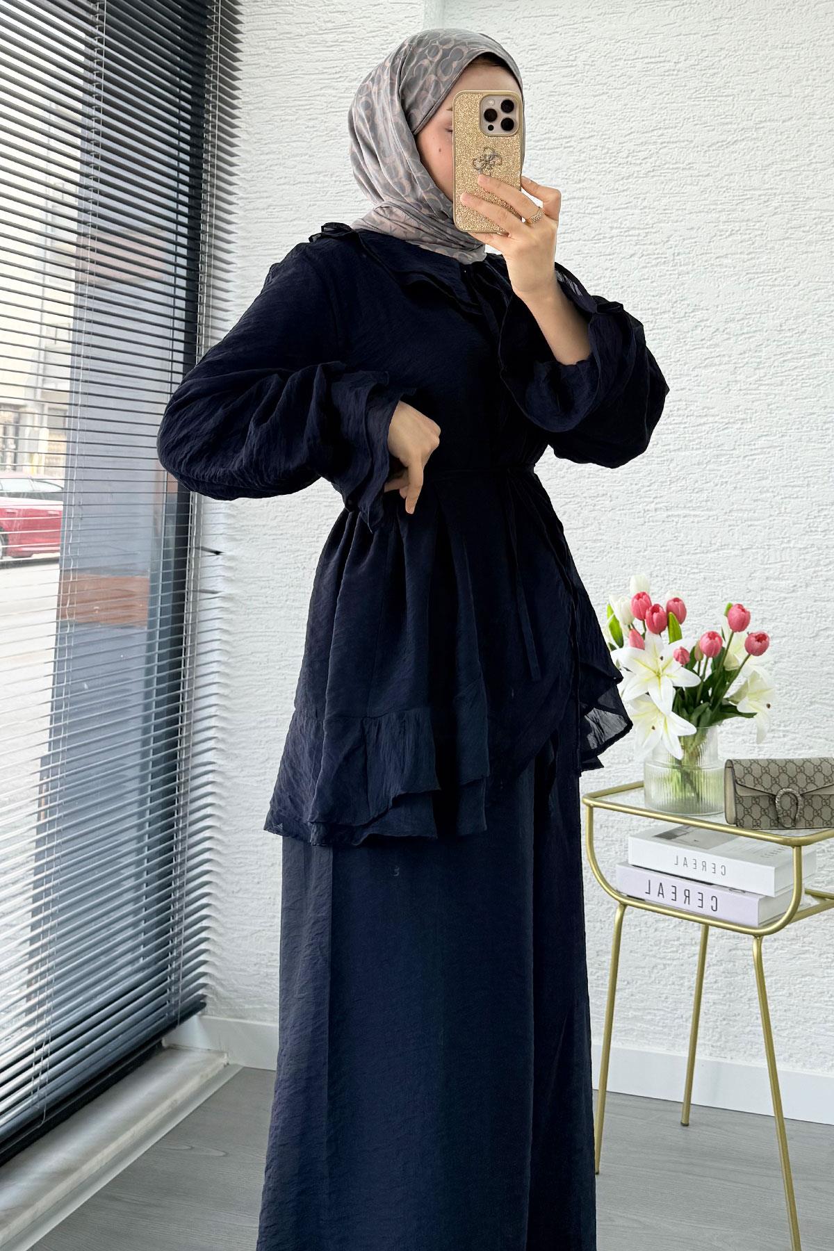 Premıum Önden Bağlama Detaylı Organze Pantolon Takım - Lacivert