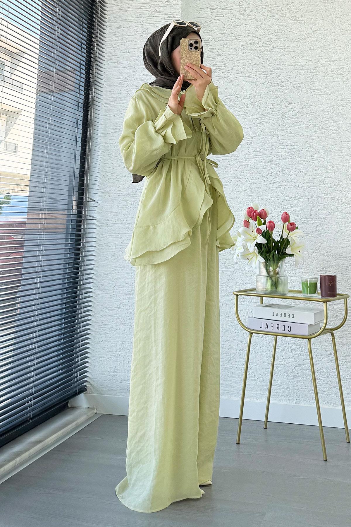Premıum Önden Bağlama Detaylı Organze Pantolon Takım - Olive