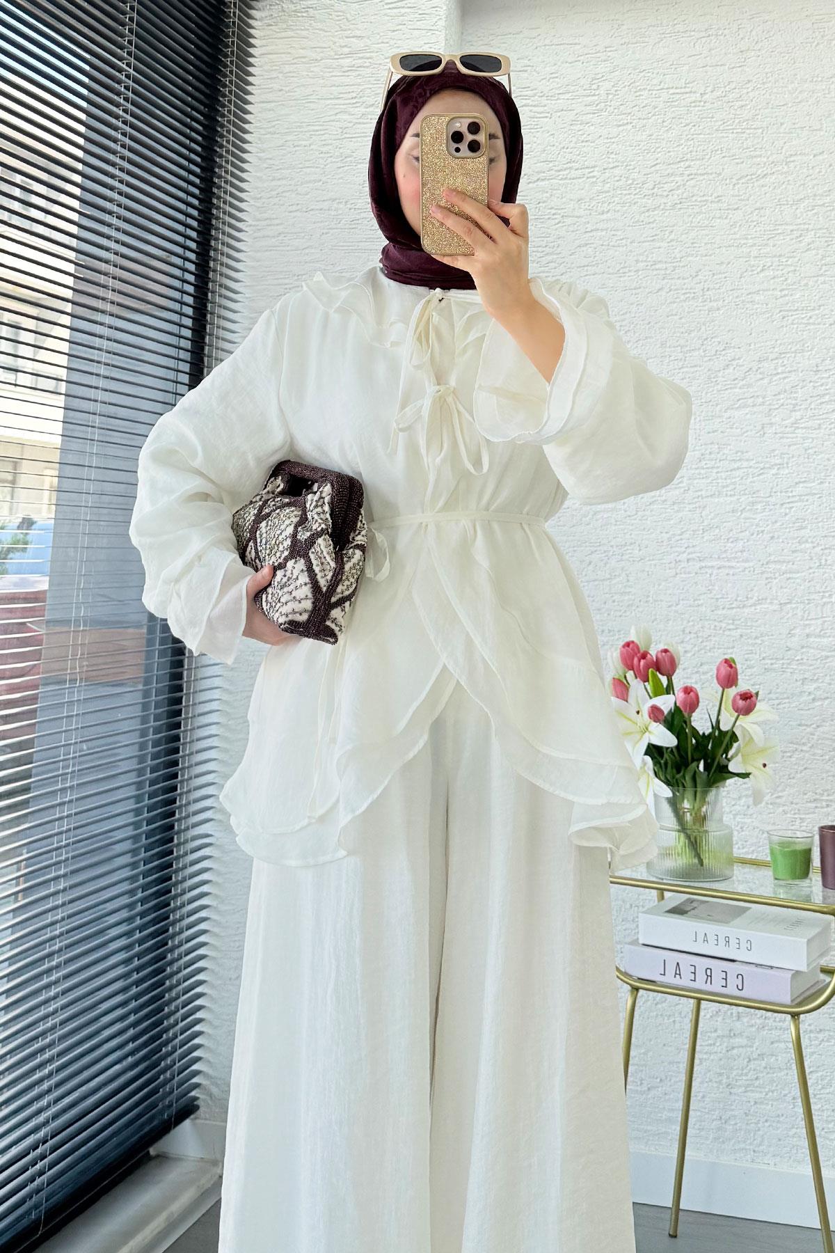 Premıum Önden Bağlama Detaylı Organze Pantolon Takım - Ekru