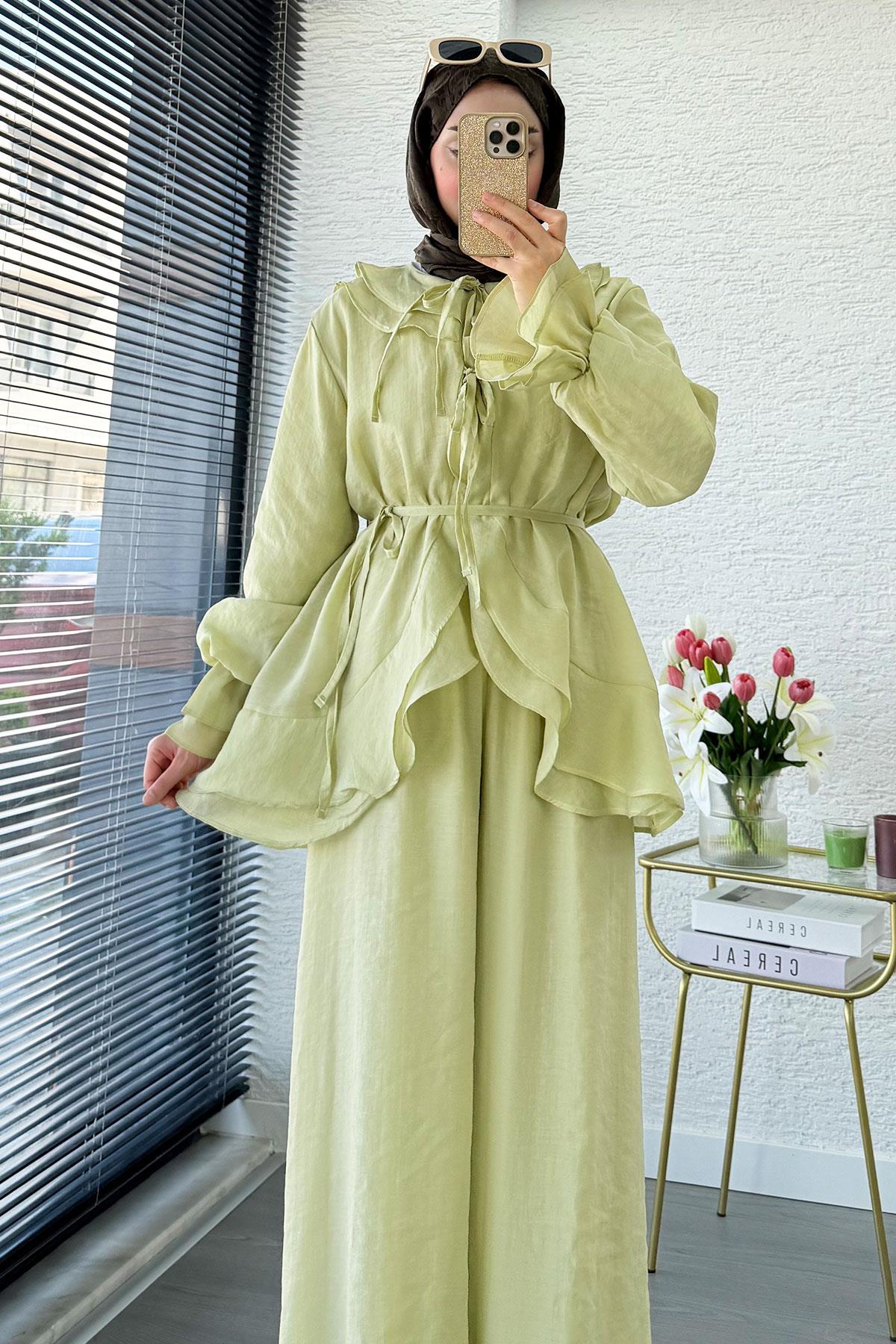 Premıum Önden Bağlama Detaylı Organze Pantolon Takım - Olive