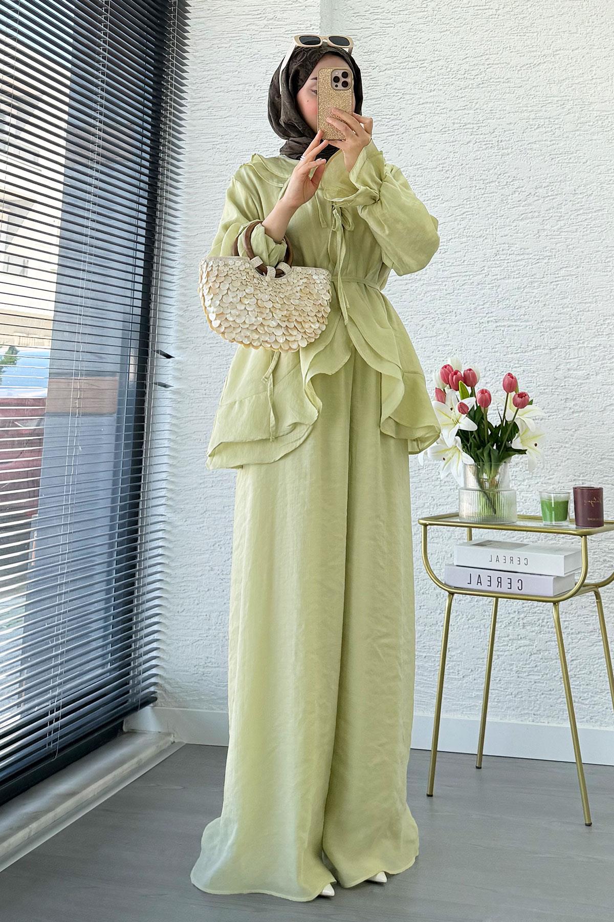 Premıum Önden Bağlama Detaylı Organze Pantolon Takım - Olive