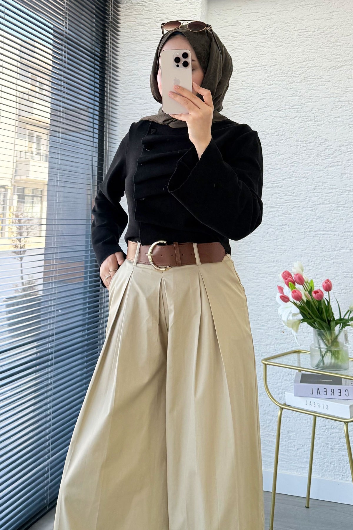 Premıum Önden Pileli Kemerli Poplin Palazzo - Çağla Yeşili