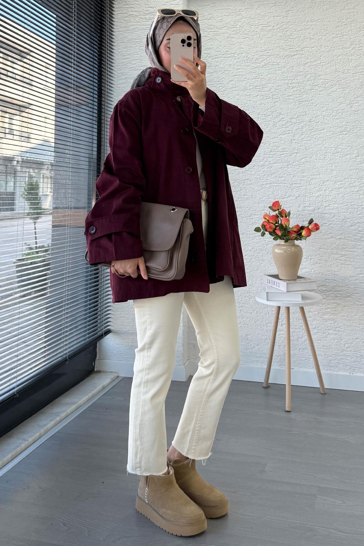 Premium Önü Düğmeli Oversize Gabardin Kaban – Bordo