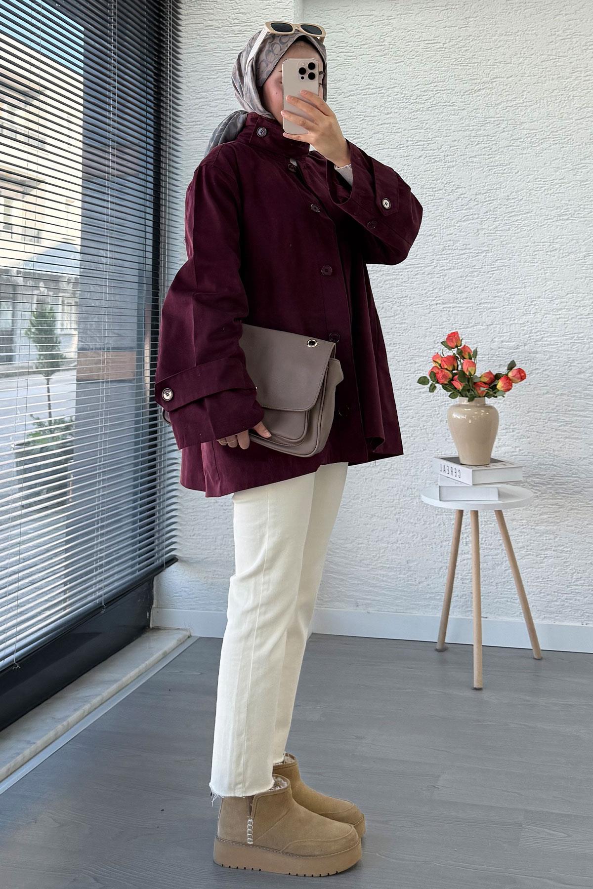 Premium Önü Düğmeli Oversize Gabardin Kaban – Bordo