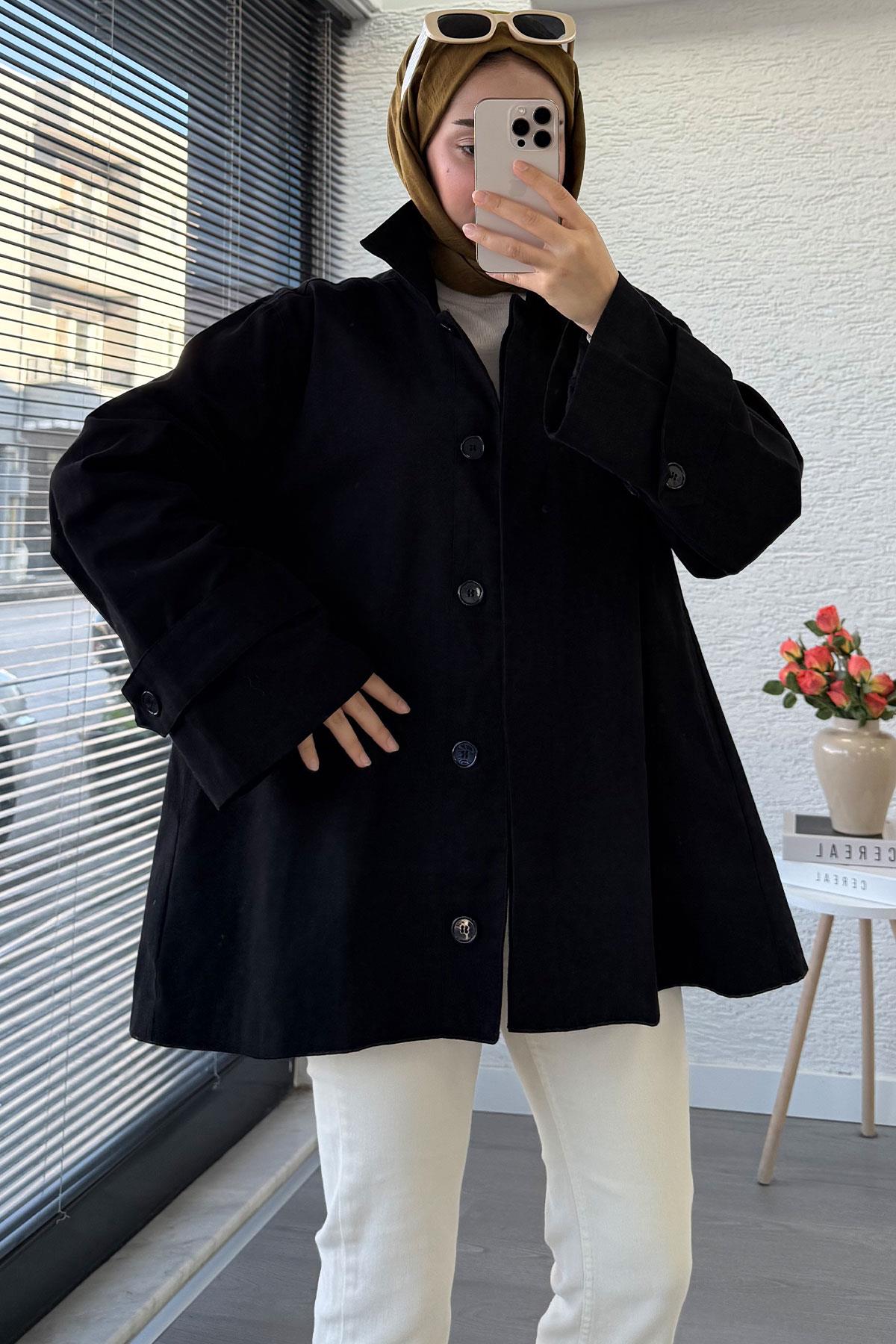 Premium Önü Düğmeli Oversize Gabardin Kaban – Siyah