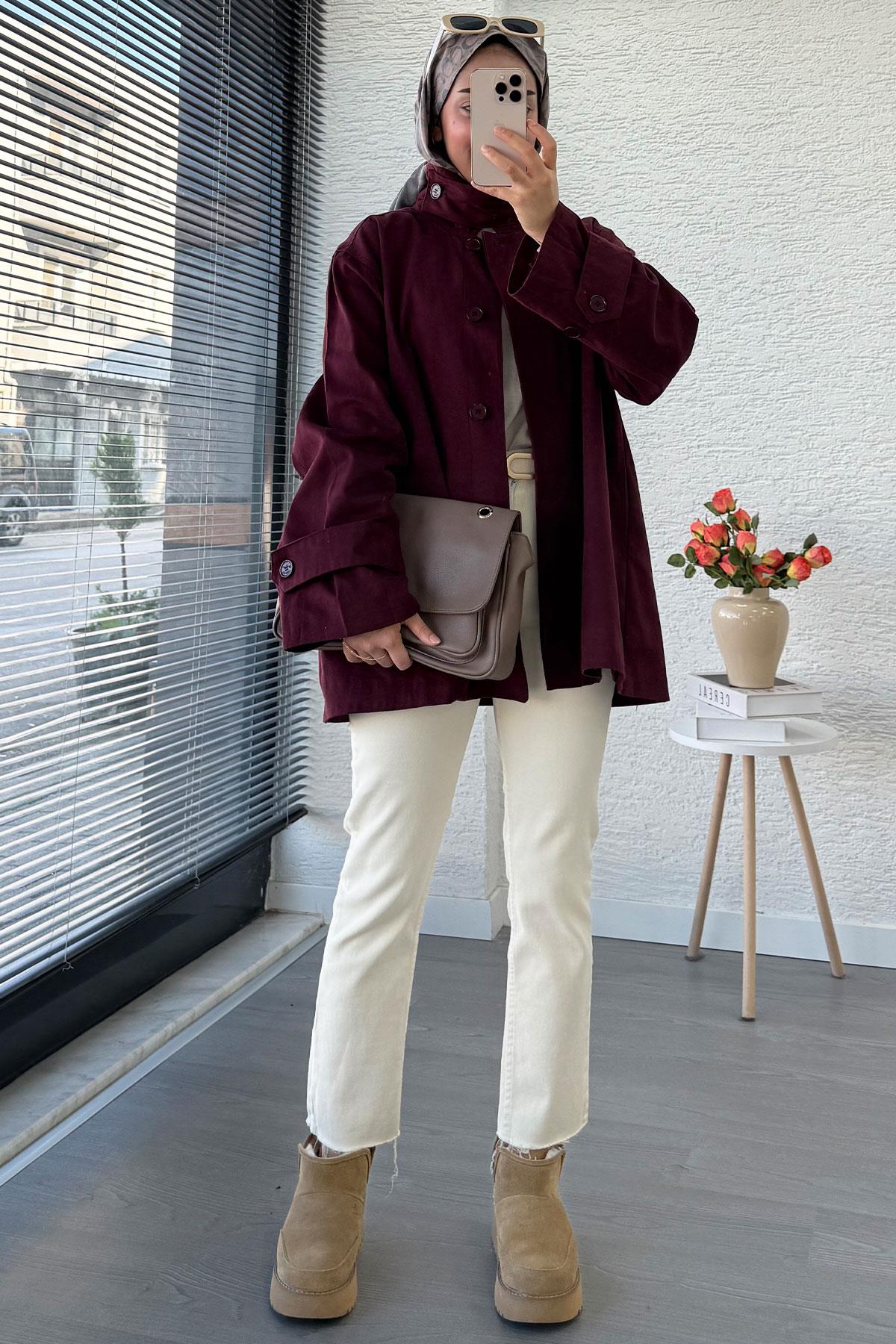 Premium Önü Düğmeli Oversize Gabardin Kaban – Bordo