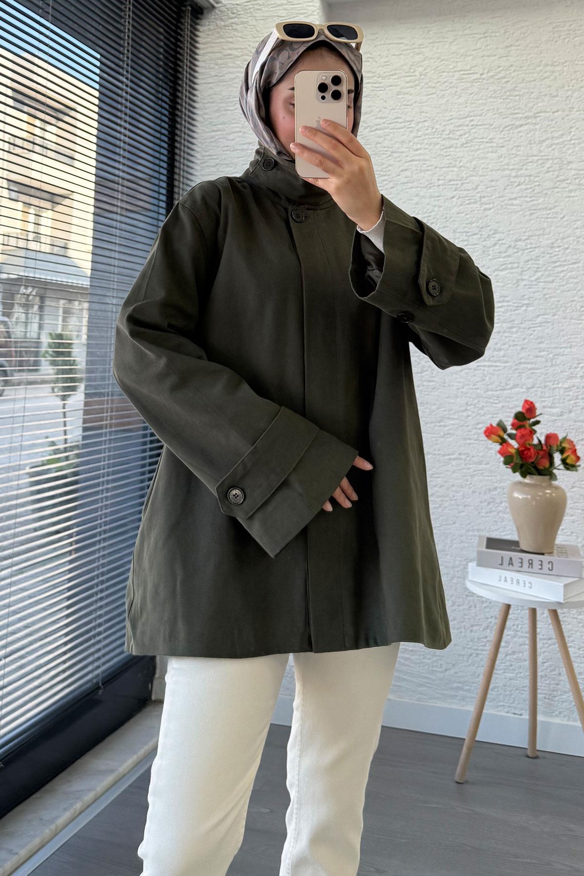 Premium Önü Düğmeli Oversize Gabardin Kaban – Haki