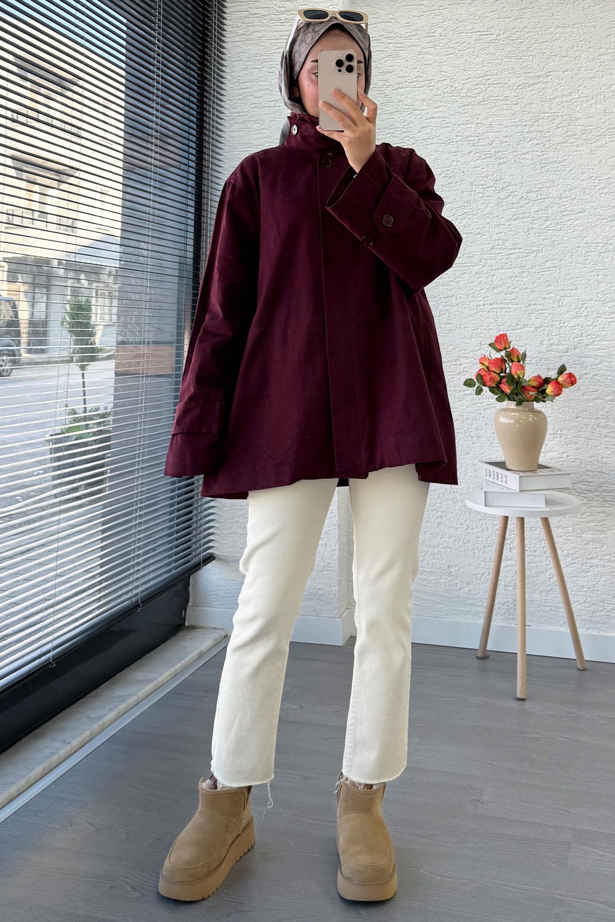 Premium Önü Düğmeli Oversize Gabardin Kaban – Bordo