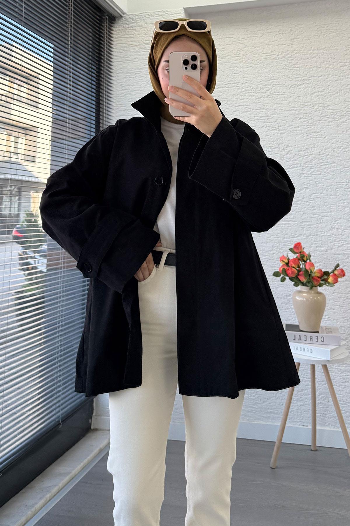 Premium Önü Düğmeli Oversize Gabardin Kaban – Siyah