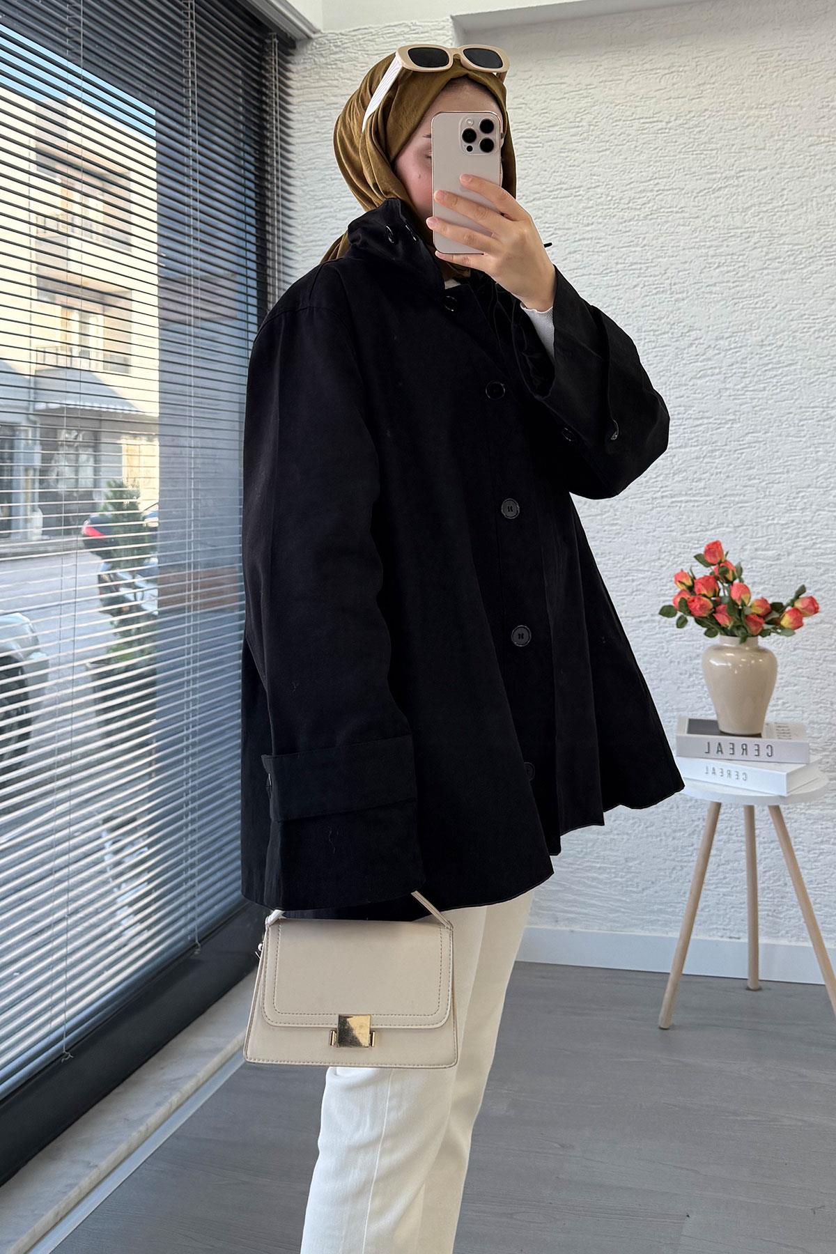 Premium Önü Düğmeli Oversize Gabardin Kaban – Siyah