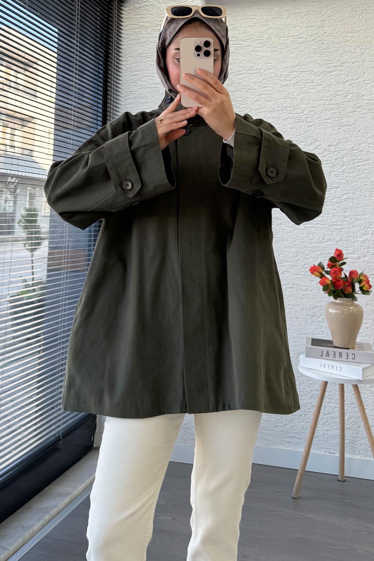 Premium Önü Düğmeli Oversize Gabardin Kaban – Haki